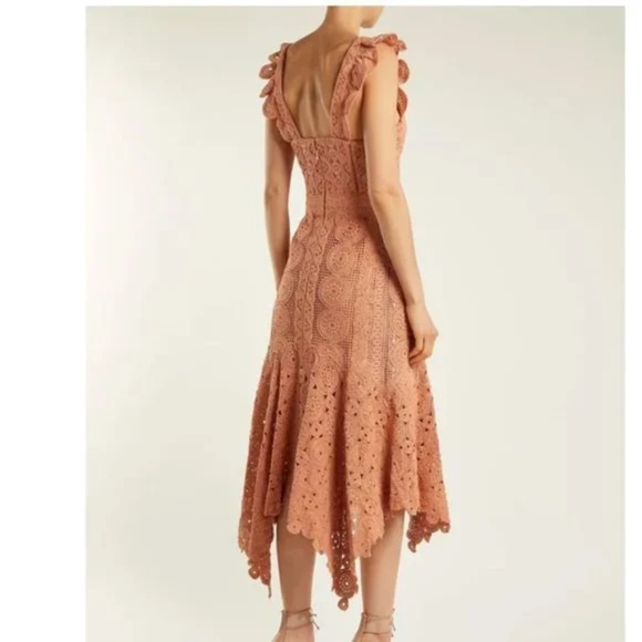 JONATHAN SIMKHAI Cotton-Macramé Lace Handkerchief-Hem Coral-Peach Dress 4 - Picture 5 of 11